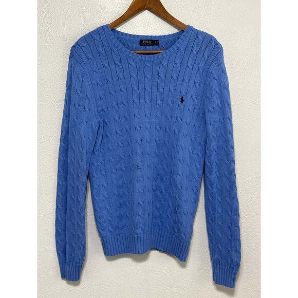 VTG Polo Ralph Lauren Cotton Cable Knit Sweater XLT Sky Blue Preppy Designer - Picture 1 of 13